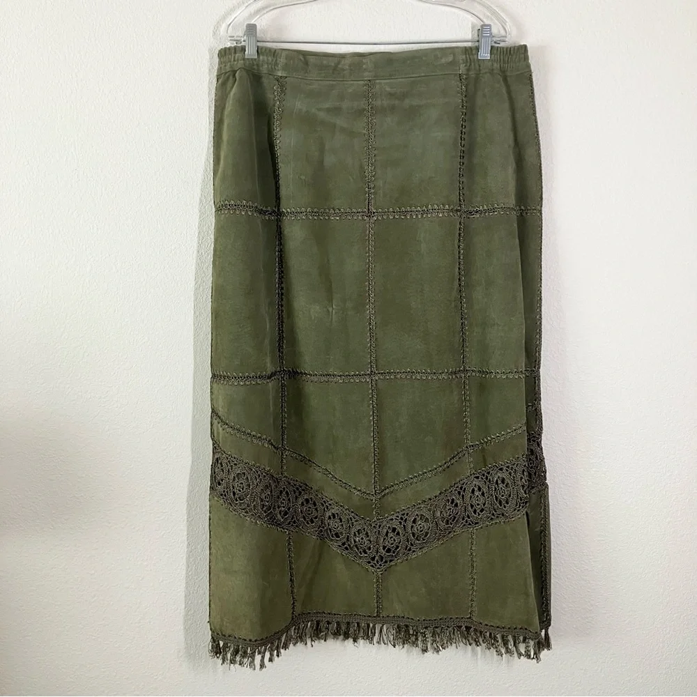VINTAGE Suede Jacket & Skirt Set Crochet Western Cowgirl Boho Olive Green 2X - Picture 6 of 16